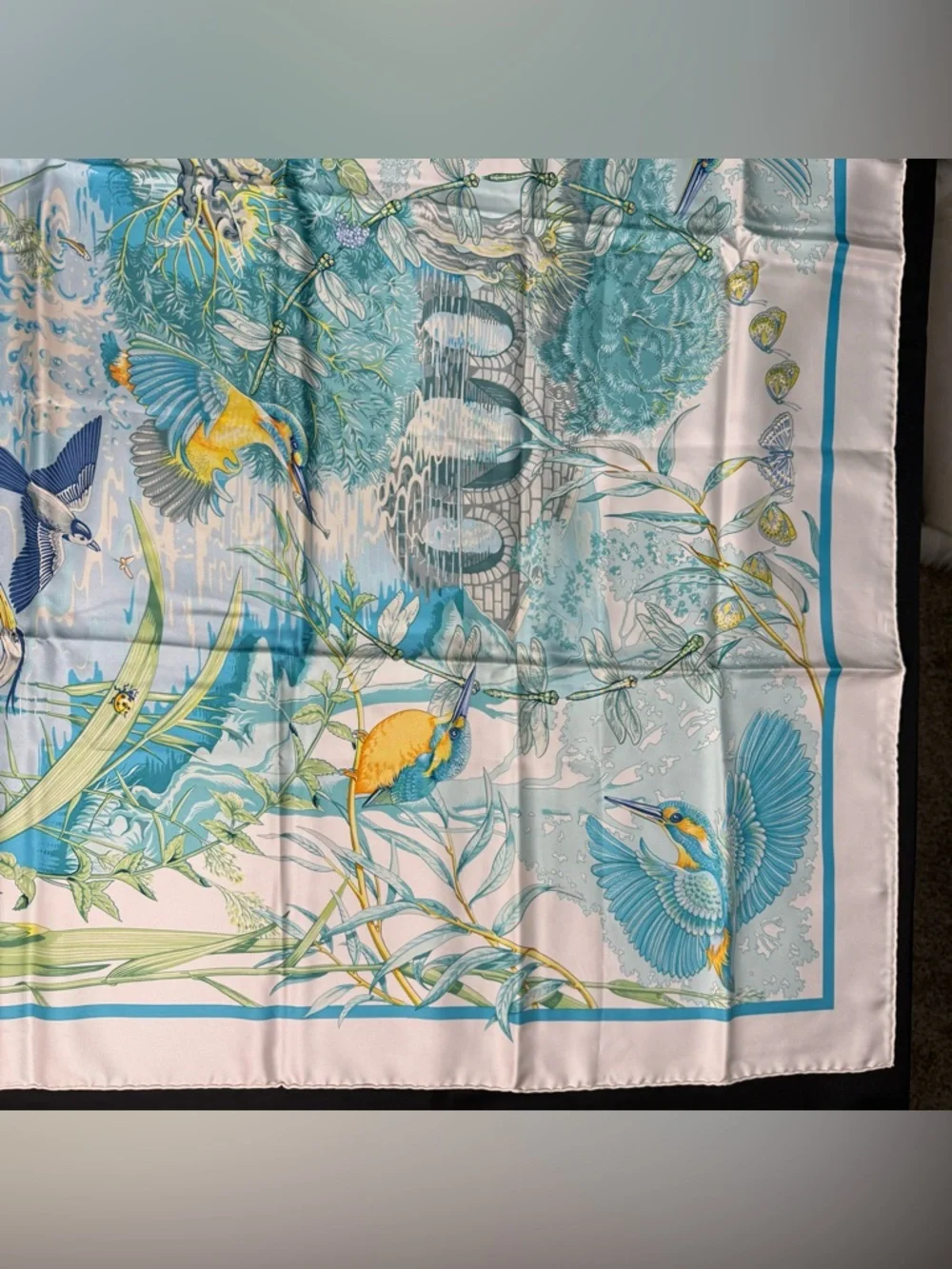 Authentic Hermes Silk Scarf Birds Water Fish White Blue Yellow Au Bord De L’eau - Picture 3 of 12